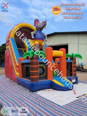 Elephant Themed Inflatable Bounce House with Slide Obstacle for Kids Outdoor