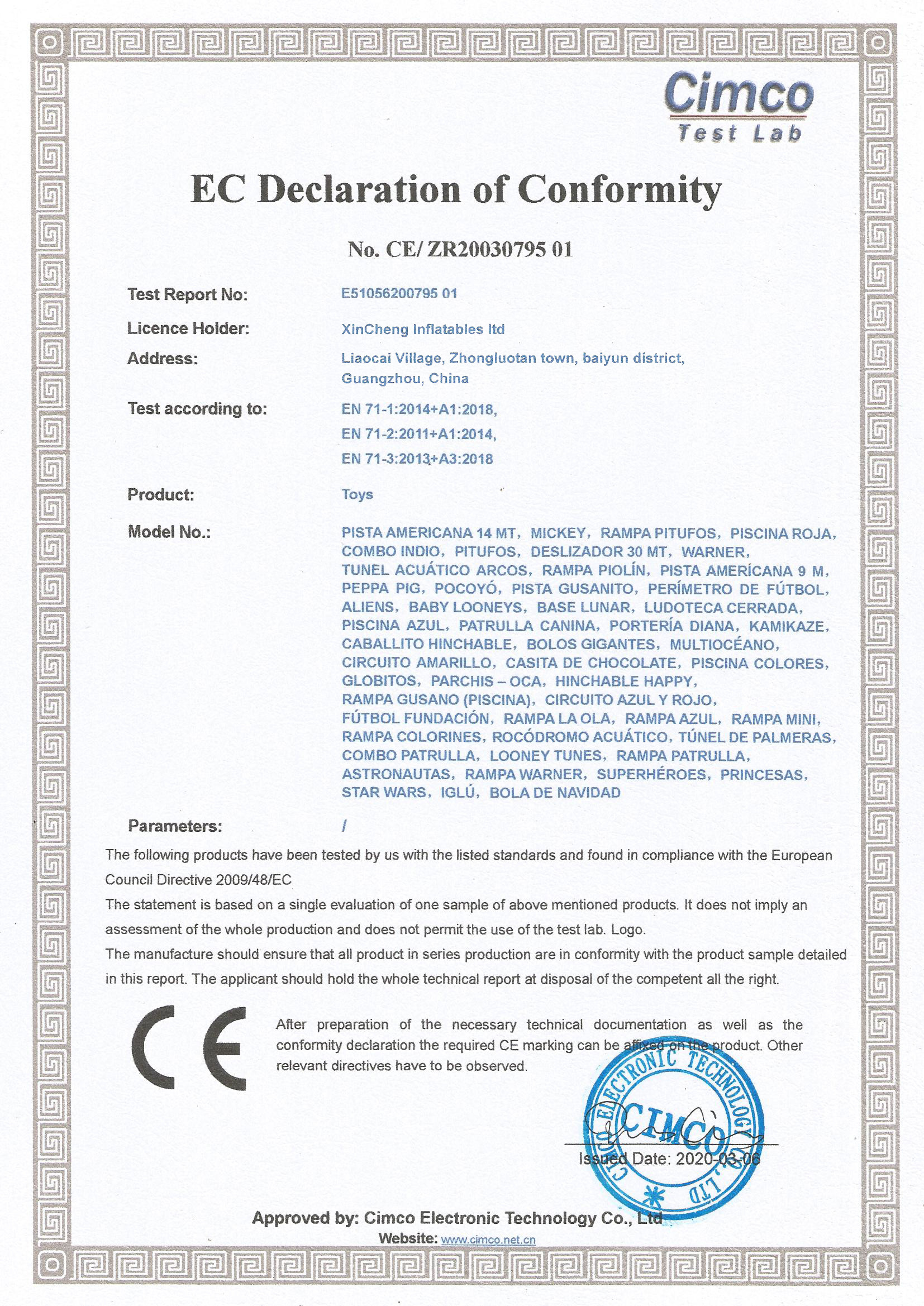 China Xincheng Inflatables ltd Certification